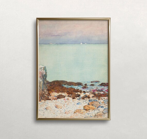 Pastel Beach Watercolor Rocky Shore Coastal Landscape Poster