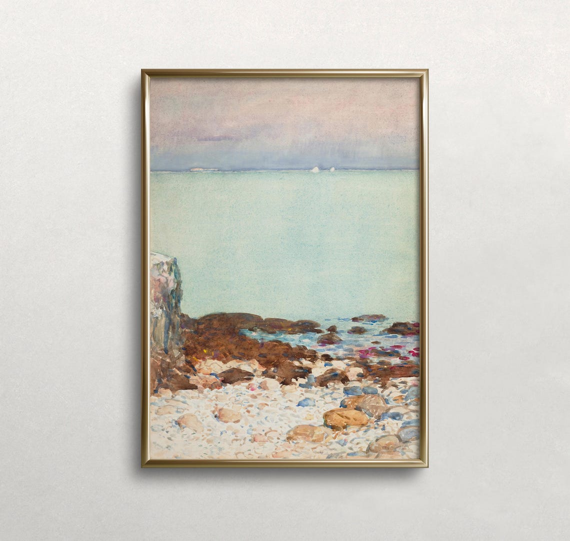 Pastel Beach Watercolor Rocky Shore Coastal Landscape Poster