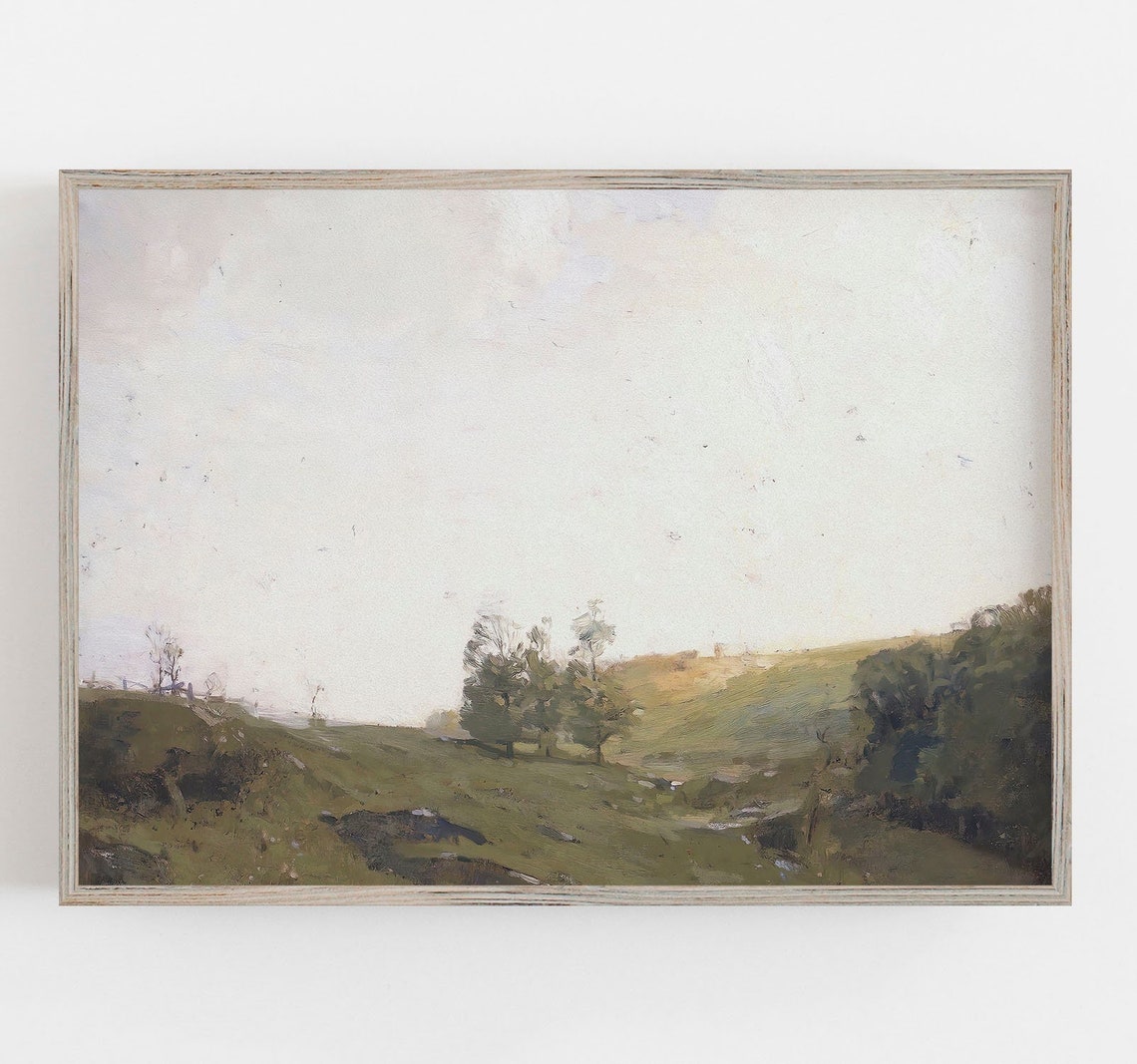 Muted Neutral Green Meadow Rolling Hills Vintage Landscape Wall Art