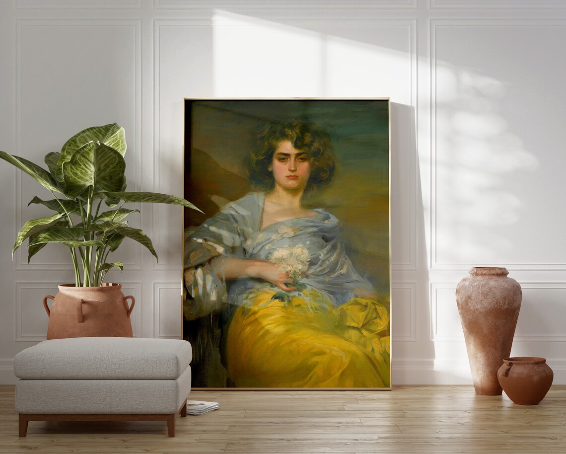 Moody Woman Portrait Blue Shawl Holding White Flowers Oil Poster - Image 2