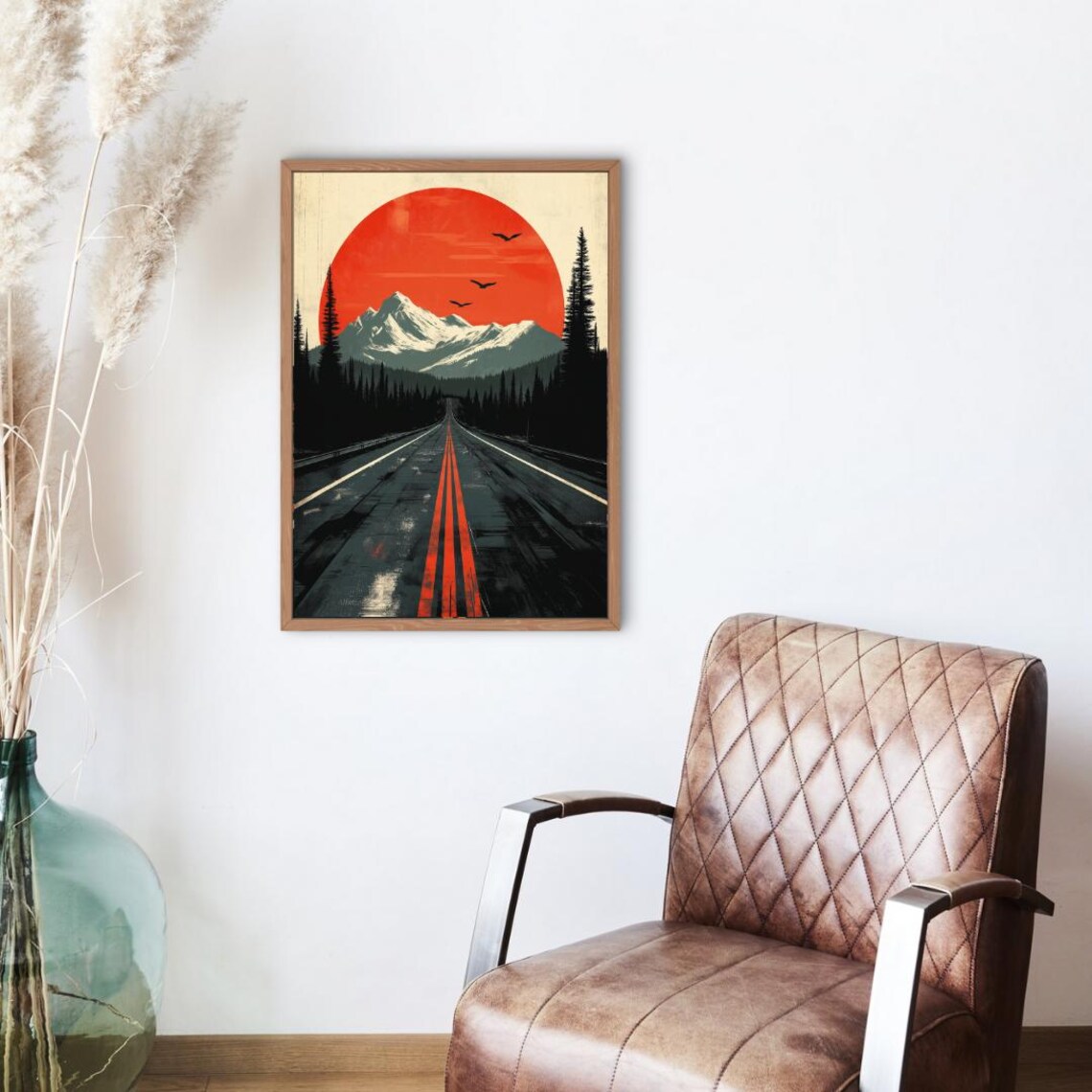 Retro Mountain Highway Sunset Red Sun Vintage Road Trip Poster - Image 2