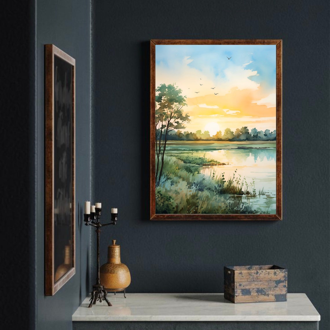 Hudson River New Jersey Sunrise Marsh Birds Watercolor Poster - Image 2