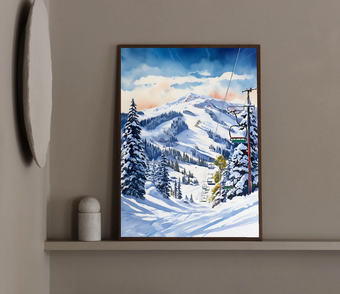 Diamond Peak Nevada Ski Resort Chairlift Snow Watercolor Poster - Image 2