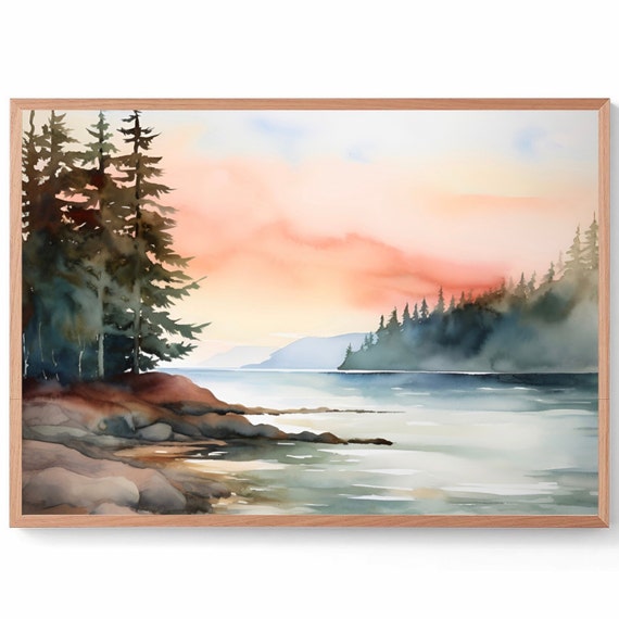 Coeur Dalene Lake Painting Mountain Lake Watercolor Panoramic Landscape Minimalist Wall Art Pink Brown Poster Large Nature Art Print