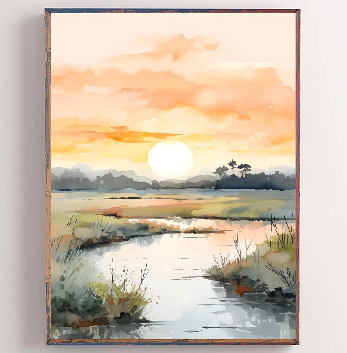 Snake River Sunrise Wetlands Watercolor Neutral Landscape Art Poster