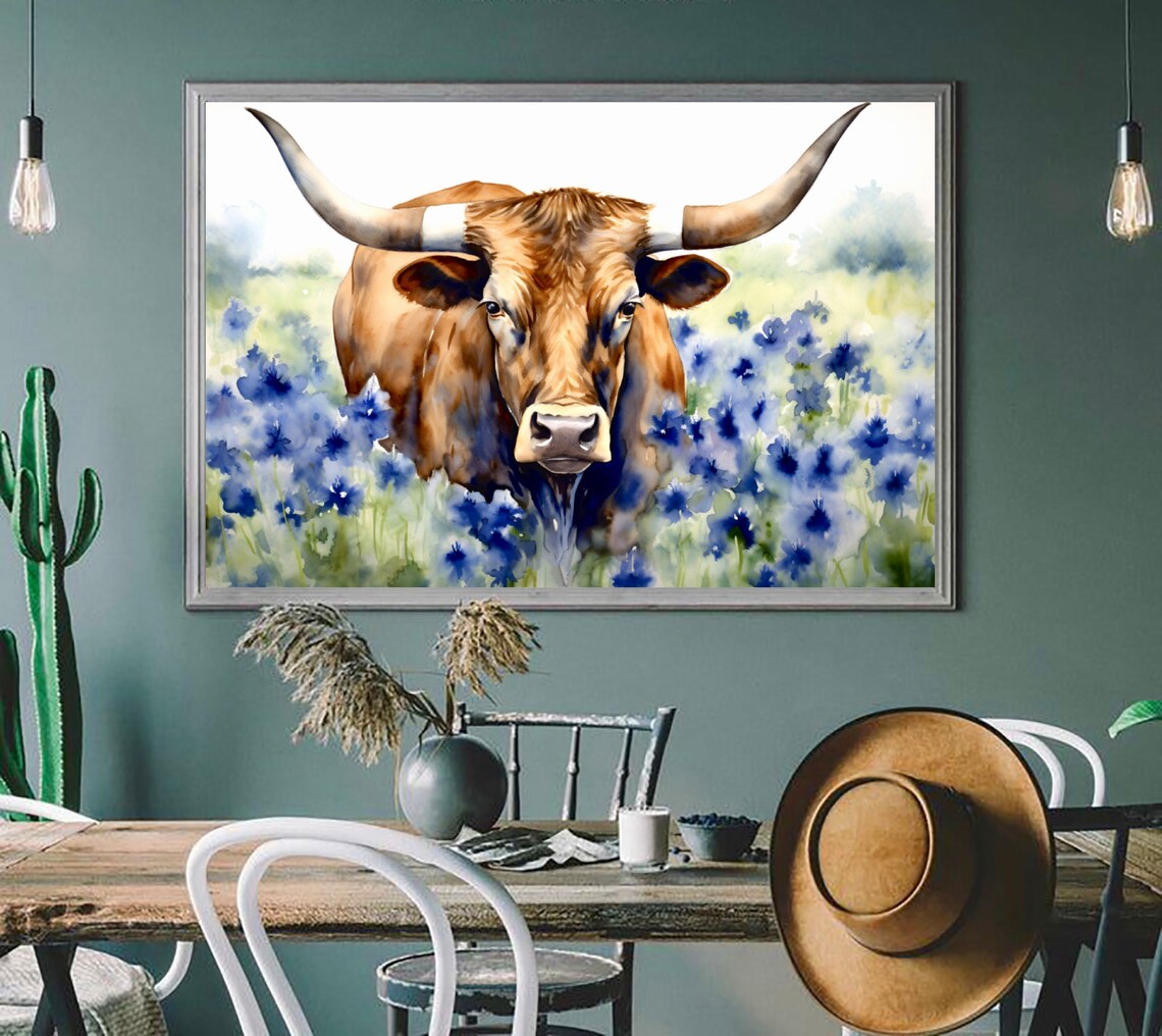 Texas Longhorn Cow Watercolor Art Print, Austin - Image 2