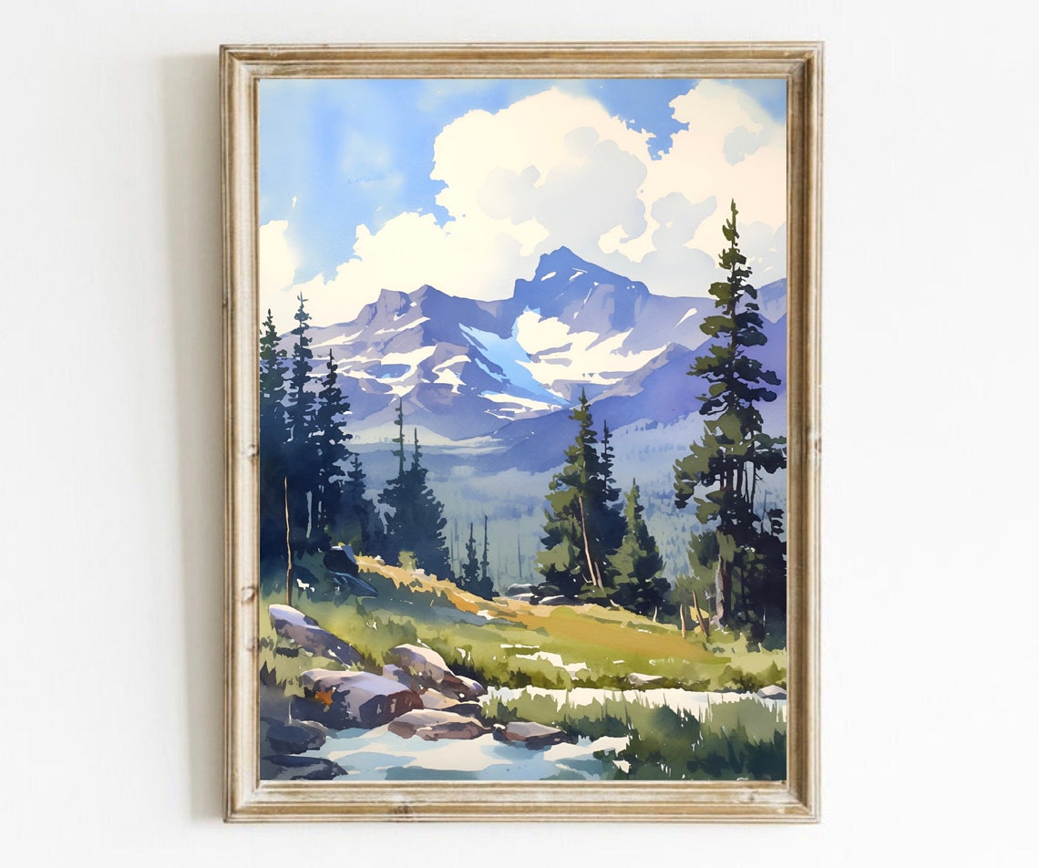 Snow Capped Peaks Pine Forest Mountain Stream Watercolor Art Poster - Image 4