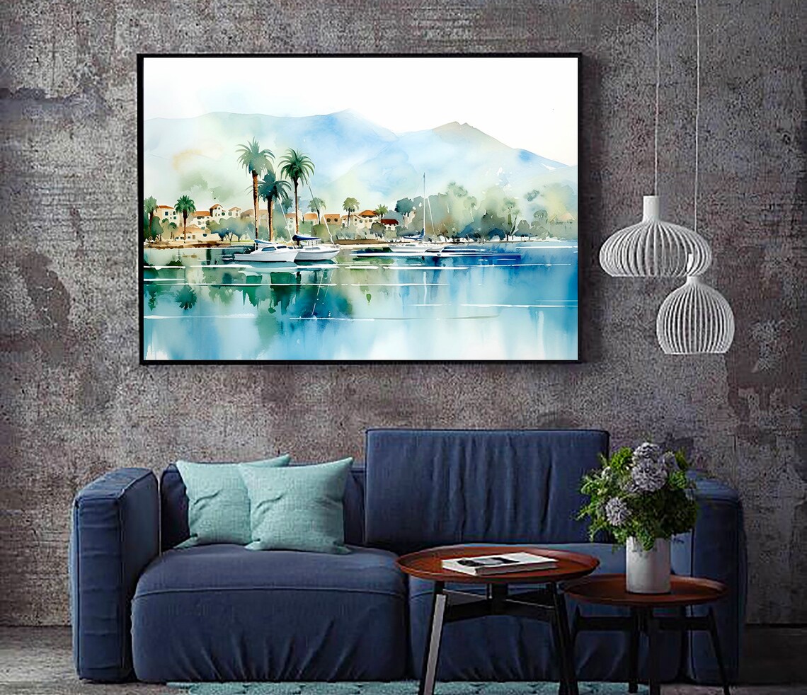 San Diego California Harbor Sailboats Palms Watercolor Travel Poster - Image 4