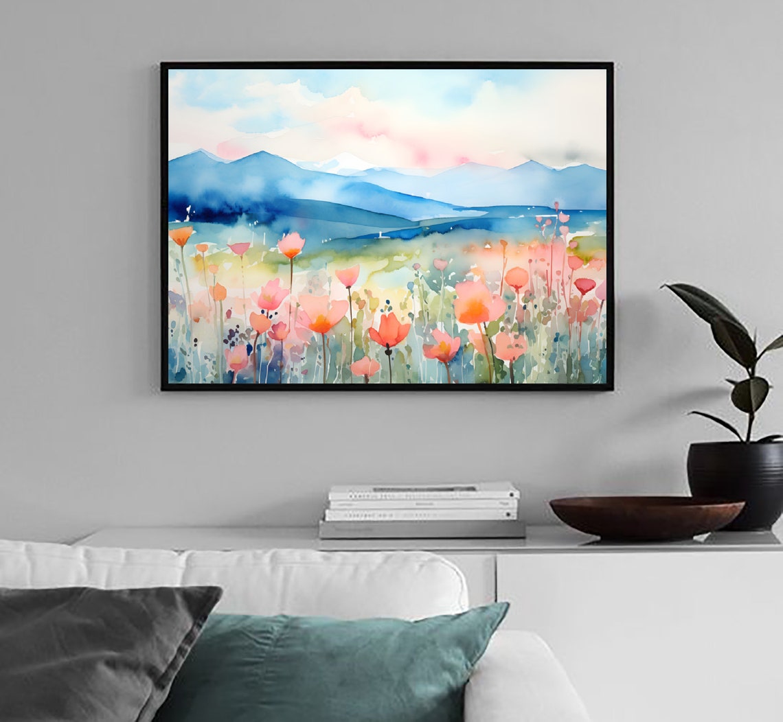 Wildflower Meadow Pink Poppies Blue Mountains Watercolor Art Poster - Image 3