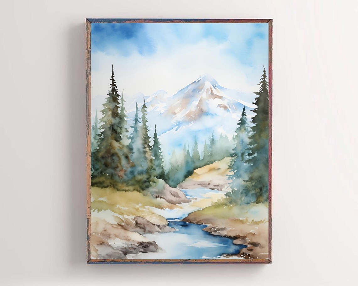 Snake River Idaho Snow Peak Mountain Stream Watercolor Poster - Image 2