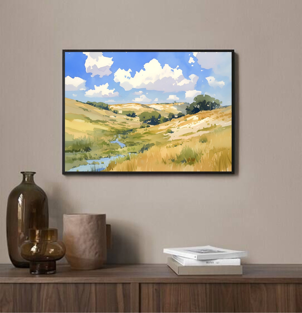 Nebraska Sand Hills Rolling Prairie Creek Watercolor Panoramic Poster - Image 2