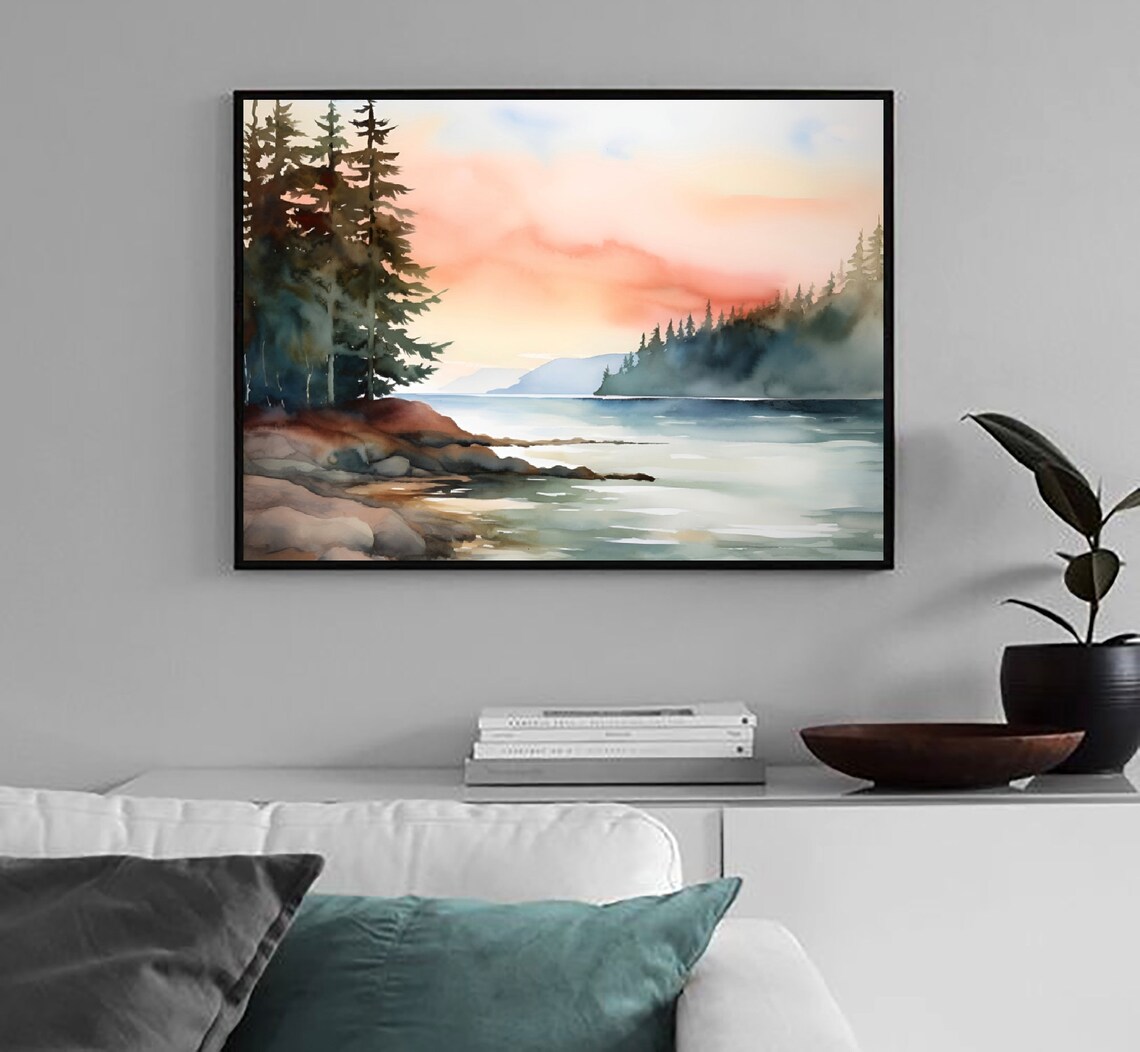Coeur d'Alene Lake Idaho Sunset Pines Watercolor Landscape Poster - Image 3