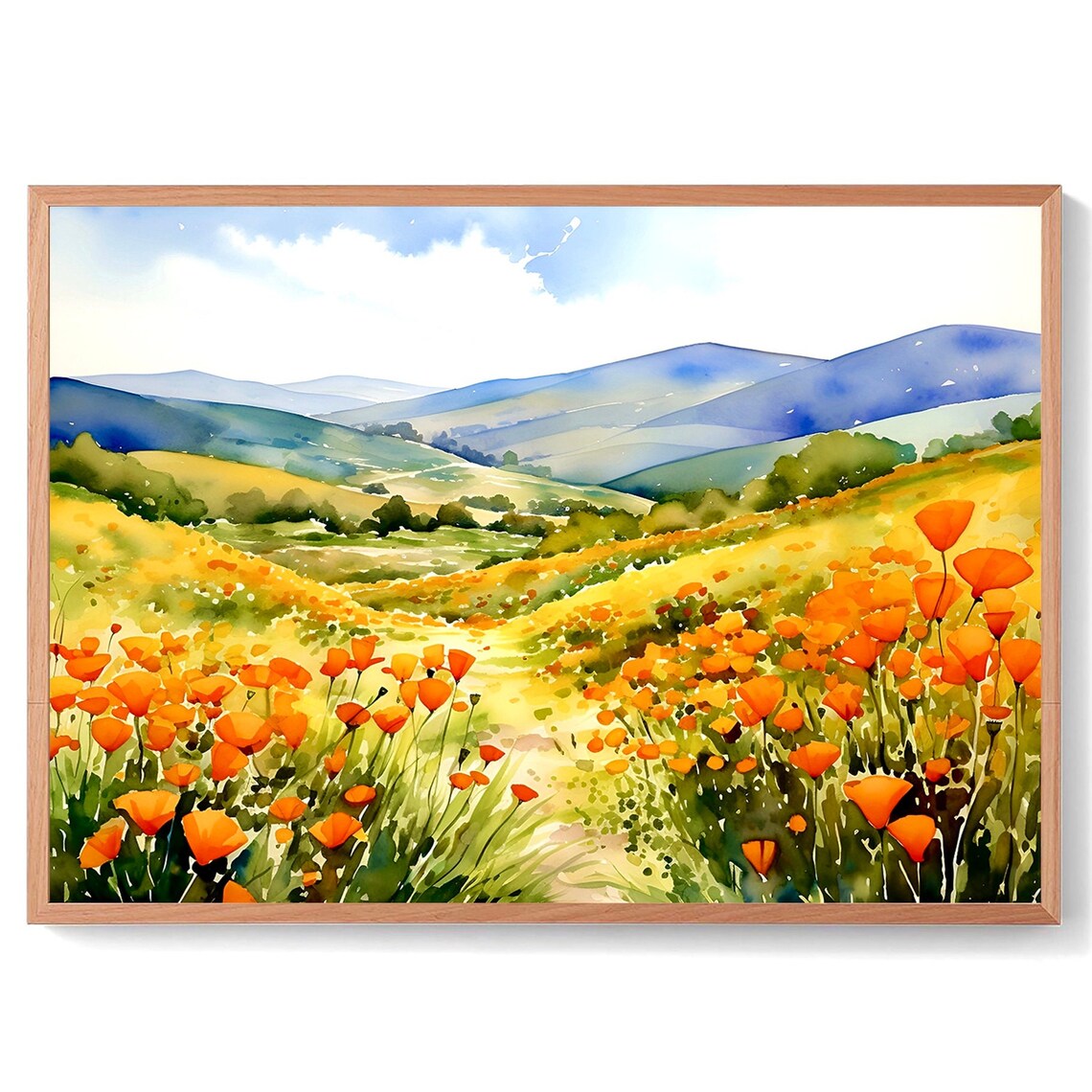 California Poppy Watercolor Travel Poster, Boho Floral