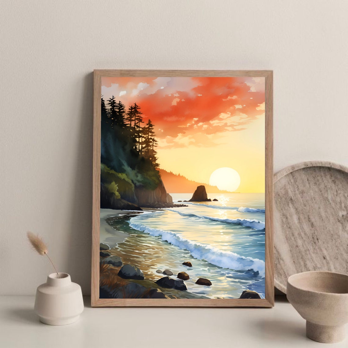 Ruby Beach Sunset Sea Stack Waves Watercolor Coastal Art Poster - Image 3
