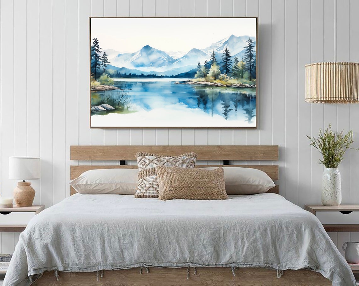 Alpine Mountain Lake Snow Peaks Pine Reflection Watercolor Poster - Image 4