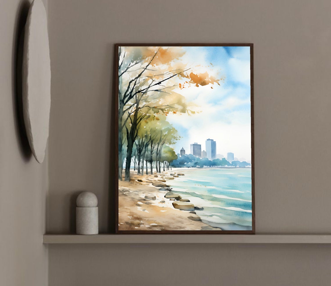 Chicago Painting Watercolor Art Print City Skyline Painting Urban Landscape Wall Art Illinois Watercolor Neutral Poster - Image 2