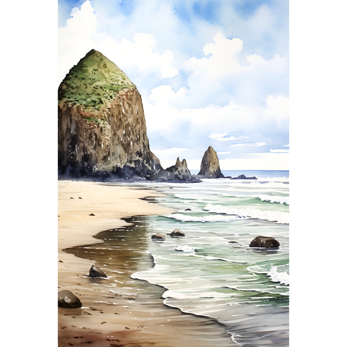 Cannon Beach Oregon Haystack Rock Sandy Coast Watercolor Poster