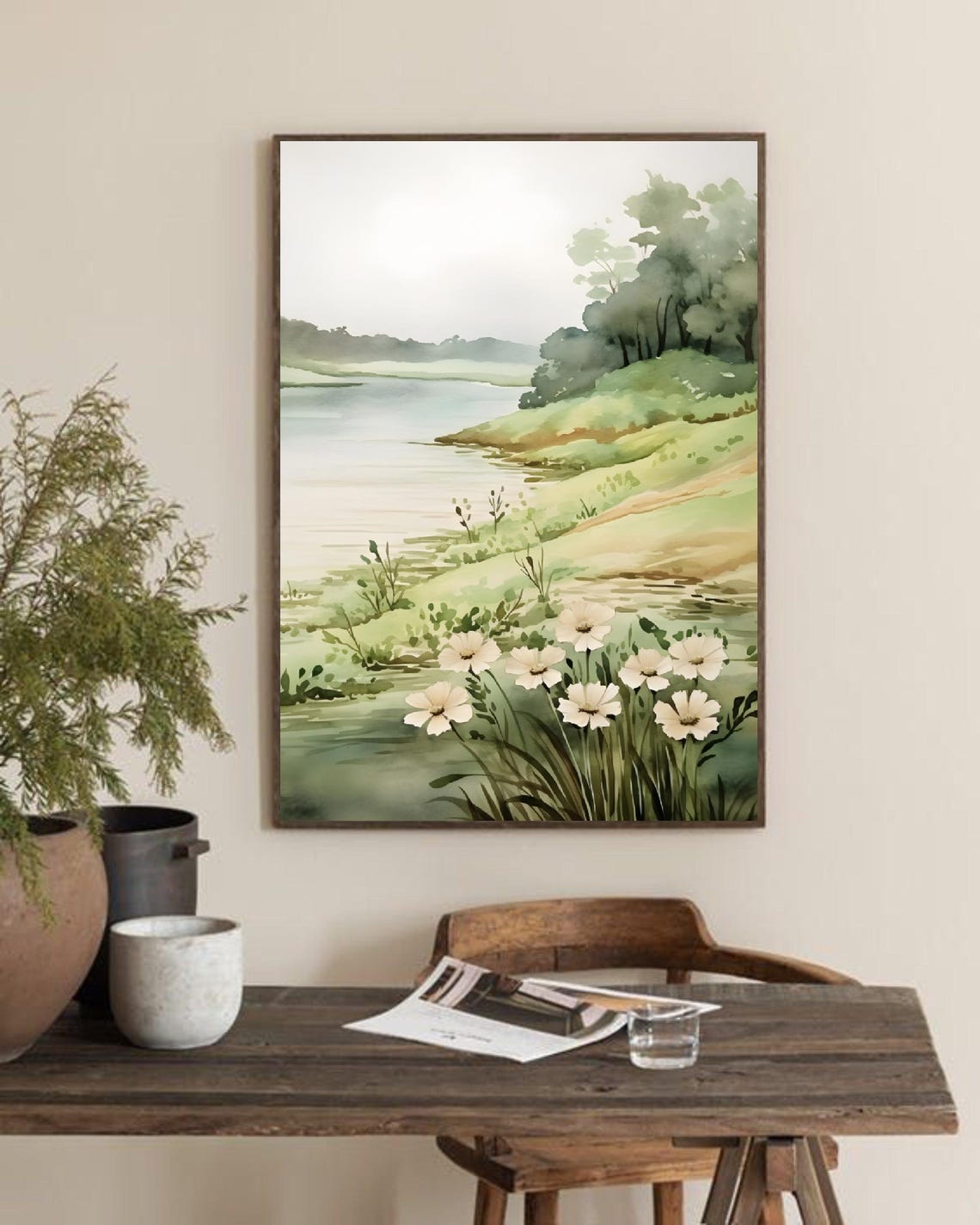 Misty Lakeside Wild Cosmos Flower Watercolor Floral Art Poster - Image 2