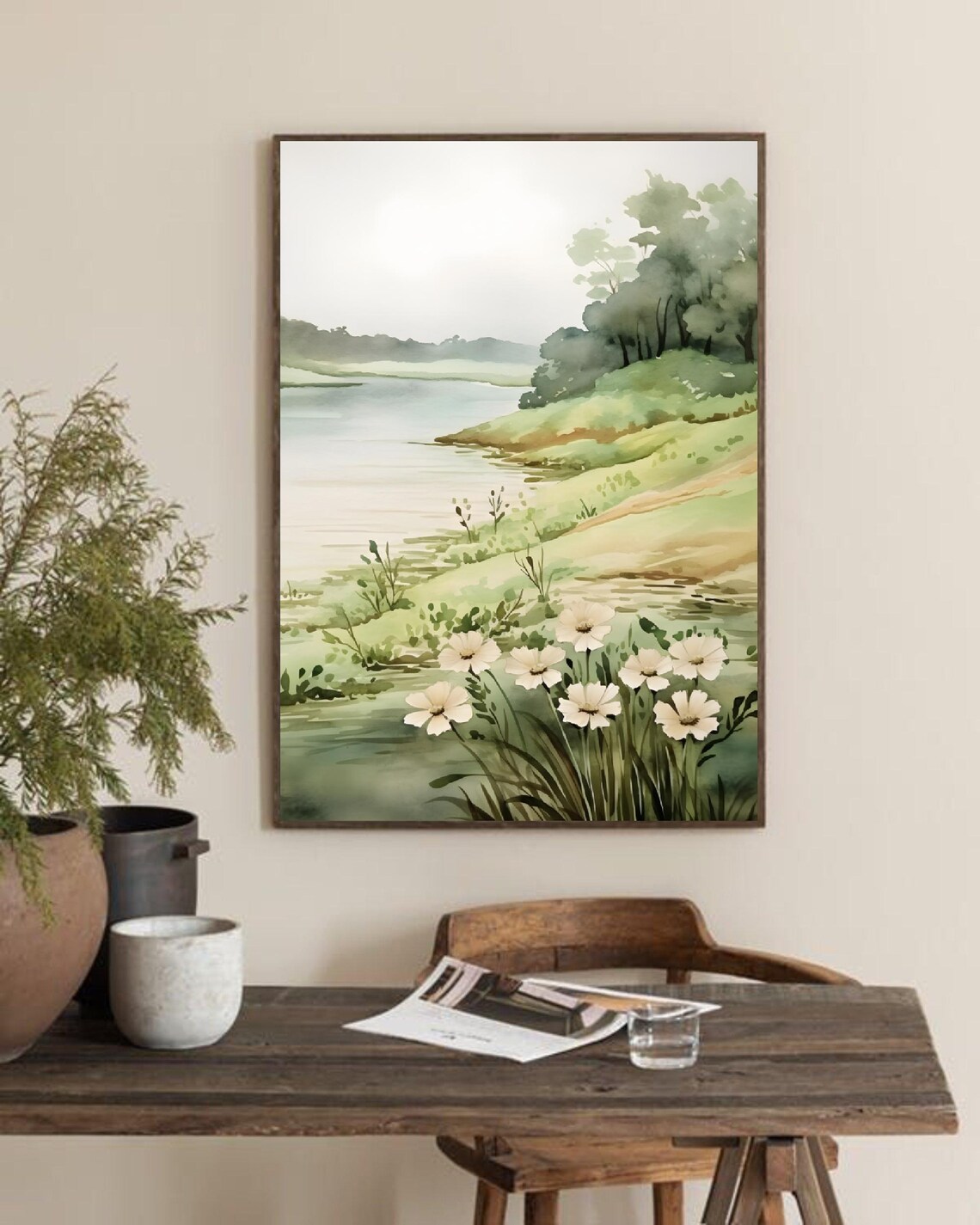 Watercolor Lake Painting Wildflowers Art Print Foggy Forest Artwork Floral Landscape Wall Art Nature Poster - Image 2