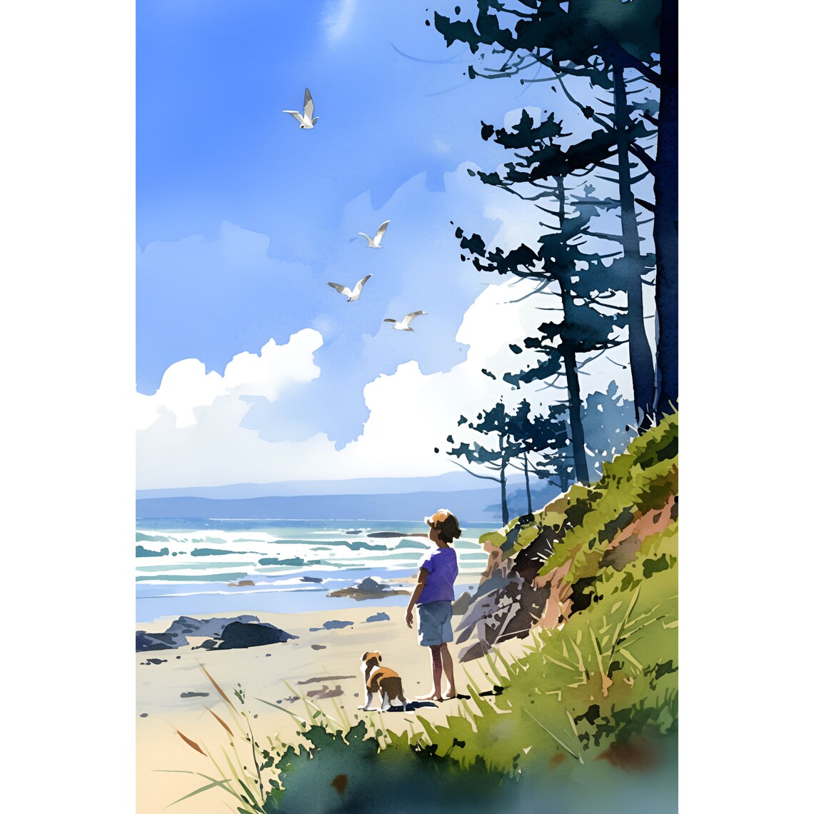 Beach with Child and Dog Seagulls Watercolor Coastal Scene Poster