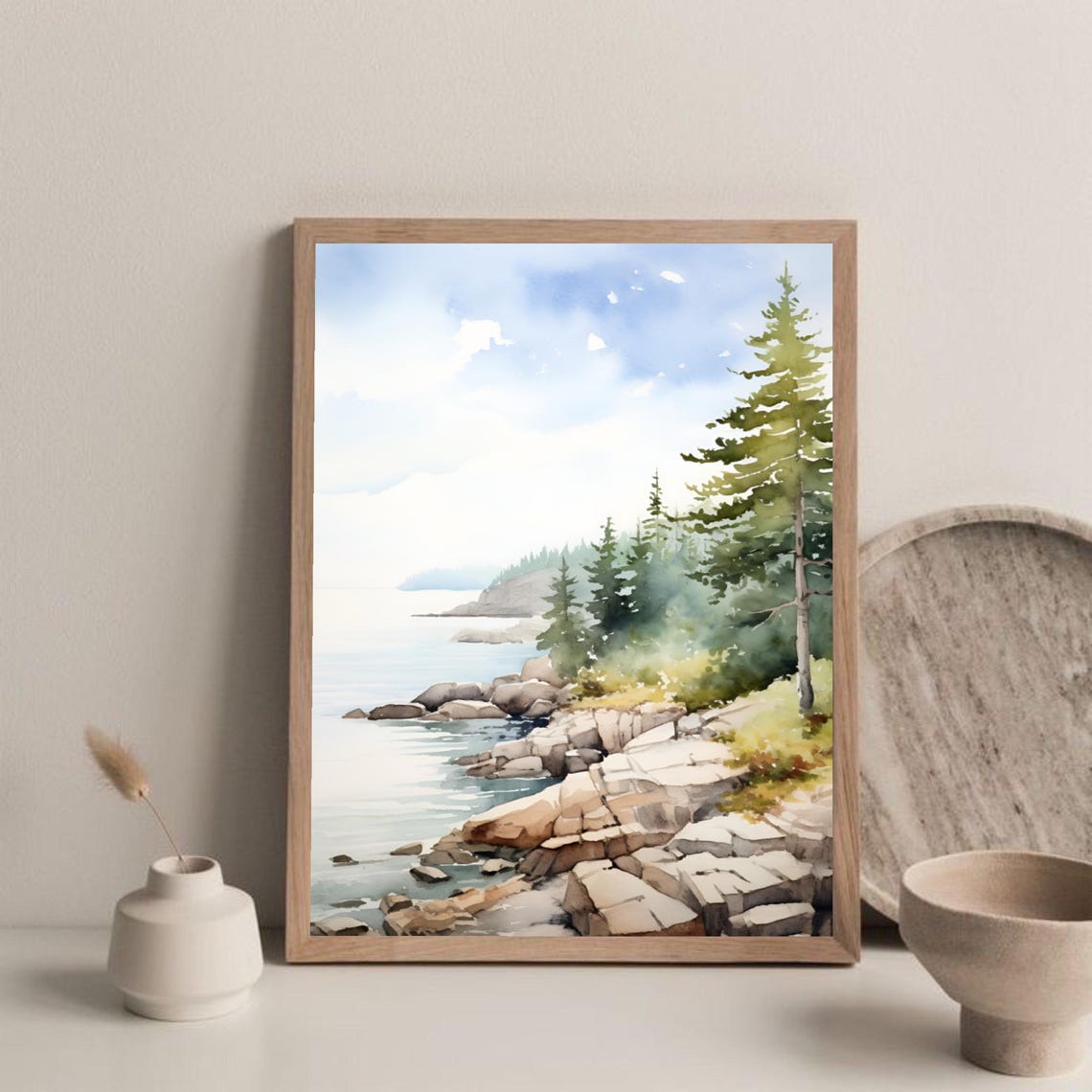 Saint Clair Lake Michigan Rocky Shore Pines Watercolor Poster - Image 2