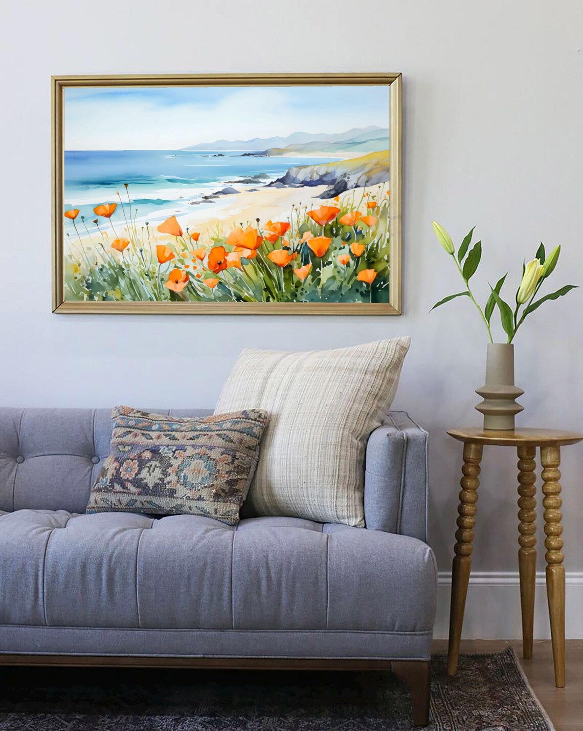 Santa Catalina Island Coastal Poppies Ocean Watercolor Art Poster - Image 4