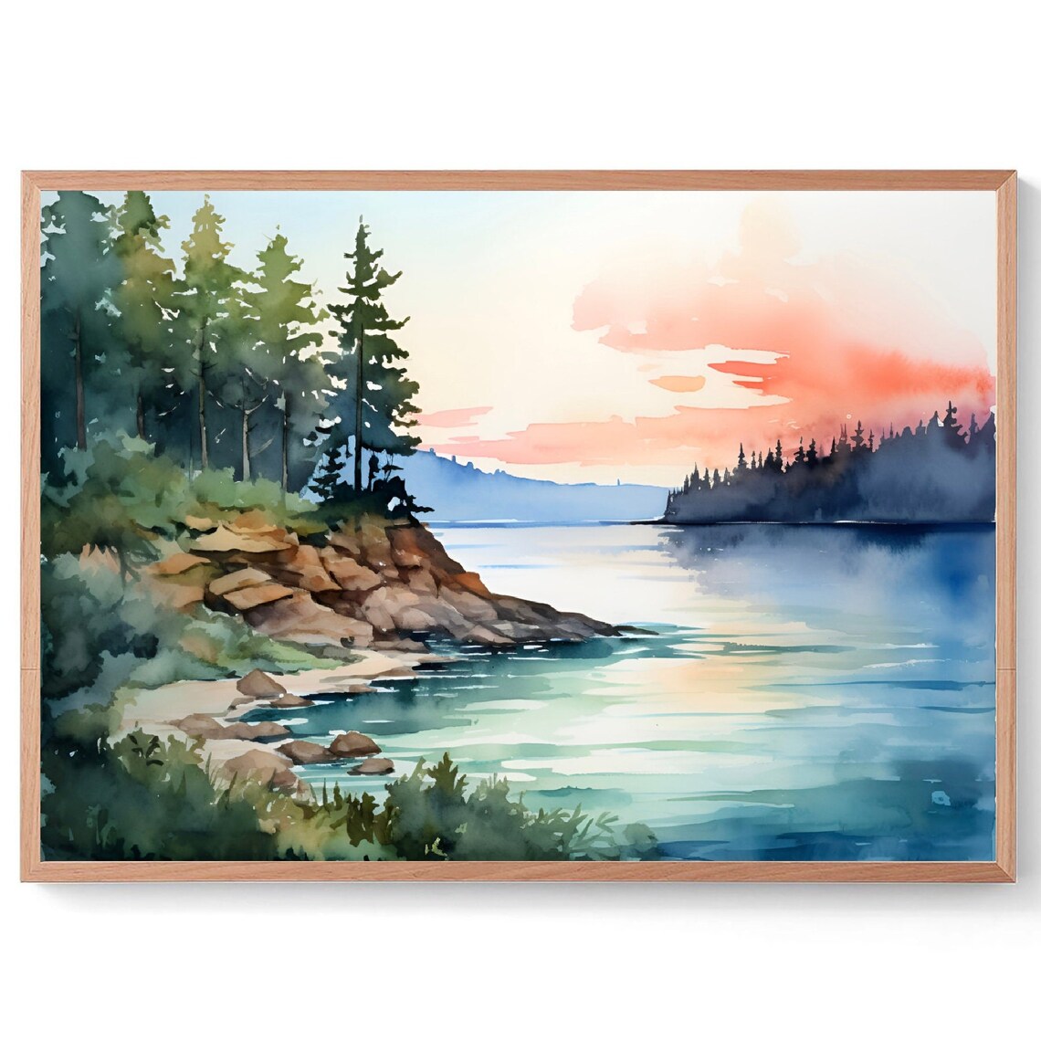 Pine Point Sunset Pink Sky Calm Water Watercolor Lake Scene Poster