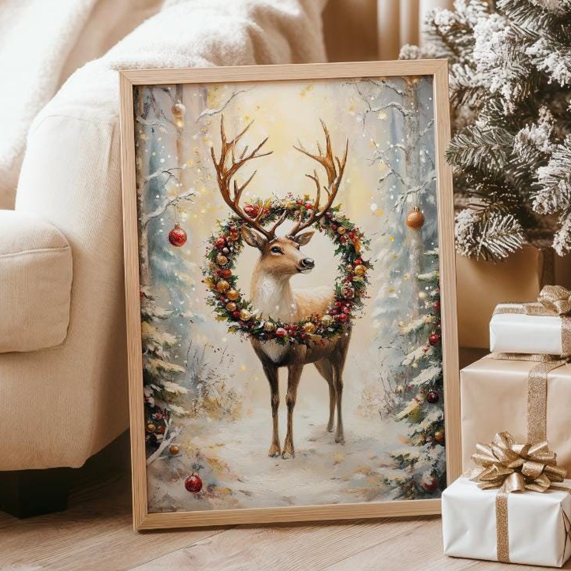 Noble Stag With Grand Ornament Wreath In Snowy Forest Poster