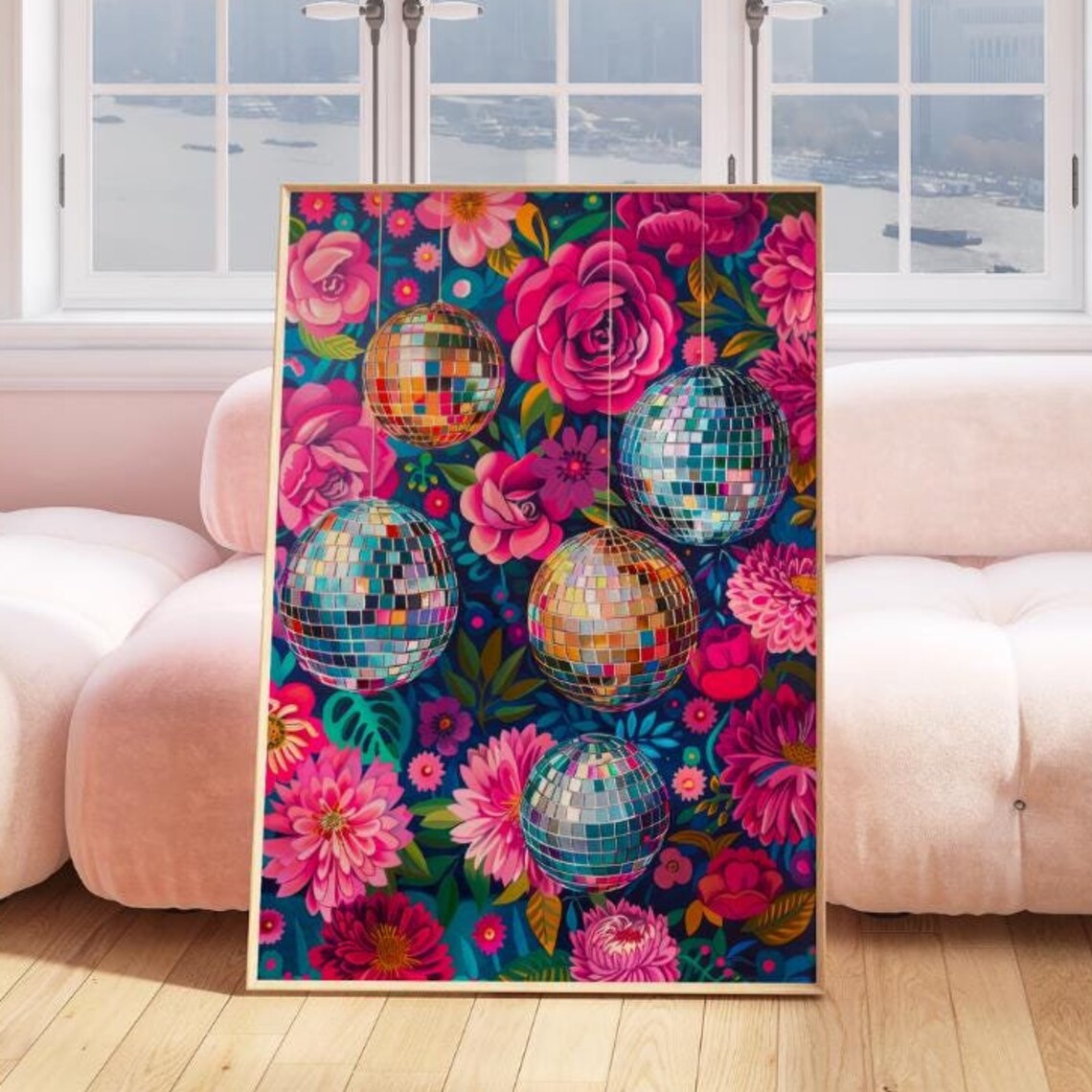Disco Balls Among Bright Pink Flowers Party Garden Art Poster