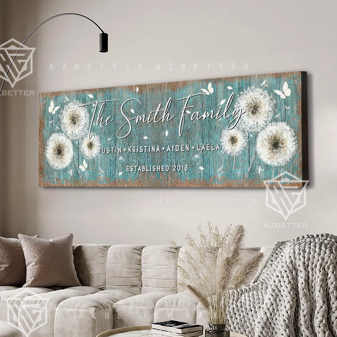 The Smith Family Dandelion Names Est 2013 Turquoise Wood Sign Poster
