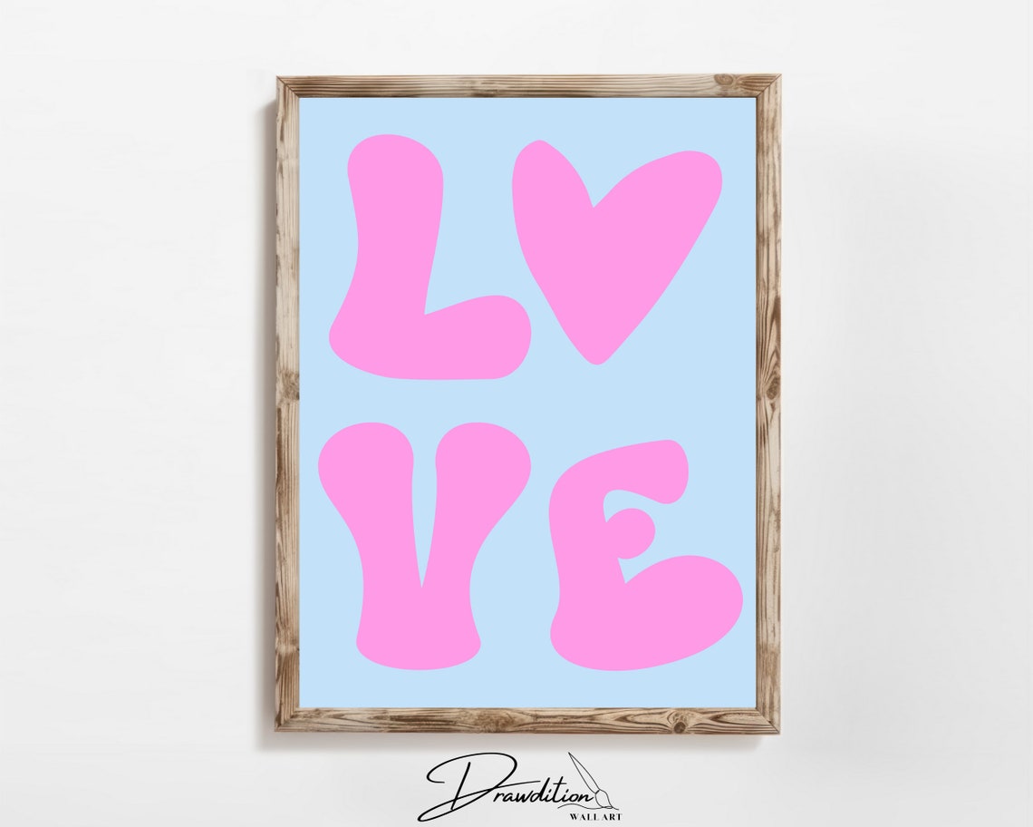Pink Bubble LOVE Letters Light Blue Background Trendy Wall Art Poster