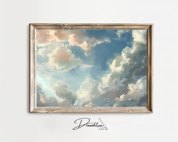 Cloud Wall Art Soft Tone Cloudy Painting Cloud Sky Art Pastel Sky Artwork Cloudy Blue Sky Print Nursery Cloud Poster