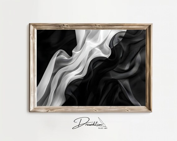 Black and White Flowing Silk Abstract Art Print Modern Minimalist Wall Poster