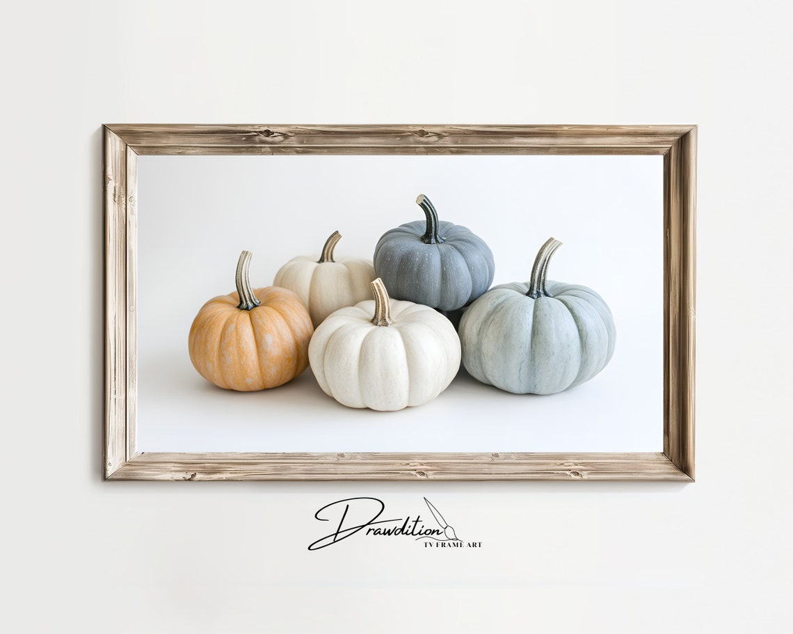 White Blue Orange Pumpkin Group Minimalist Fall TV Frame Wall Art