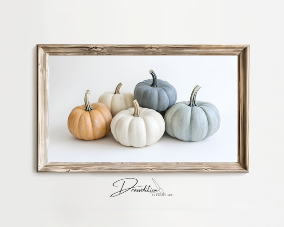White Blue Orange Pumpkin Group Minimalist Fall TV Frame Wall Art