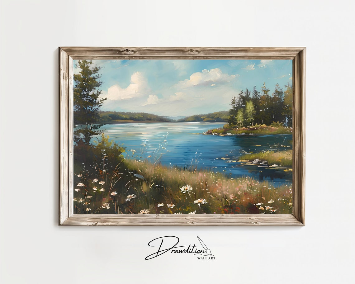 Wildflower Lake Shore Pine Trees Summer Landscape Scenery Poster