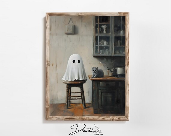Cute Ghost Sitting Kitchen With Grey Cat Halloween Vintage Painting Wall Art