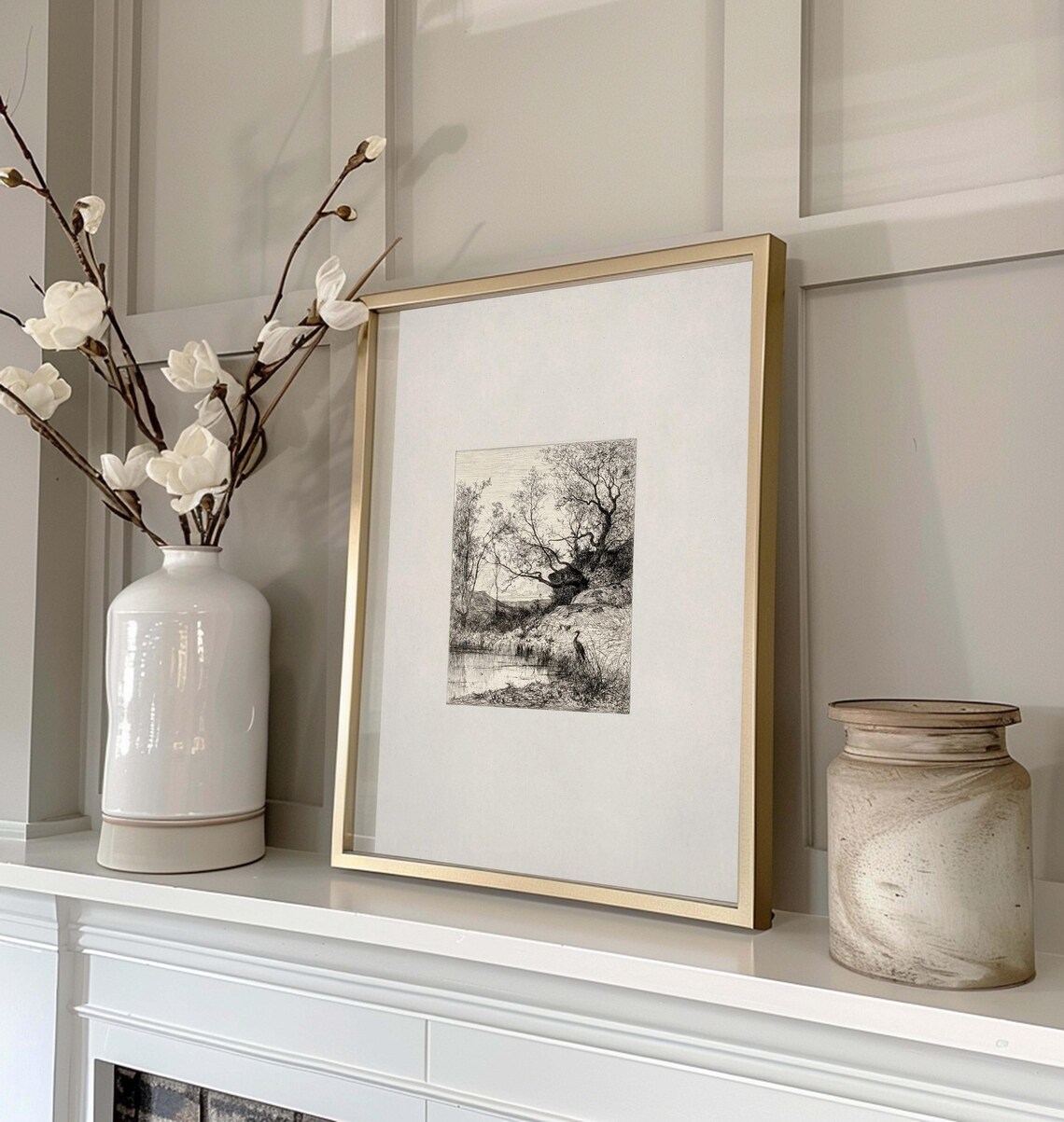 Antique Neutral Farmhouse Drawing A Pond, Art Print - Image 2