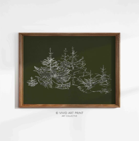 Minimalist Winter Pine Tree Sketch Vintage Art Botanic Holiday Contemporary Home Decor Vivid Art Print Ch 550