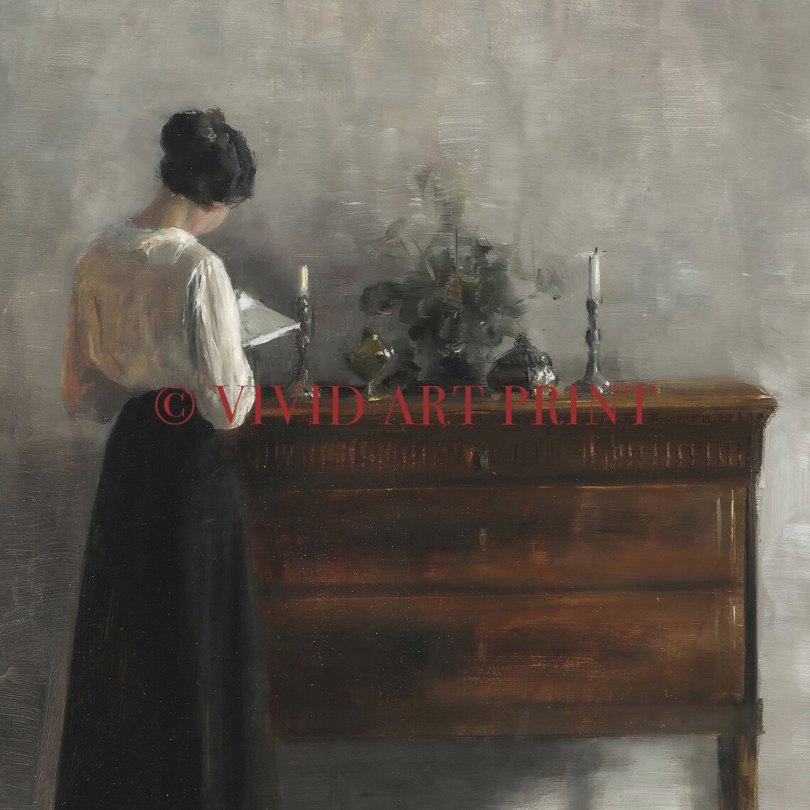 Woman Reading by Candlelight Vintage Interior Scene Oil Poster - Image 4