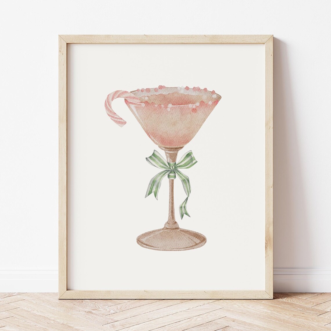 Peppermint Pink Martini Candy Cane Watercolor Holiday Bar Poster