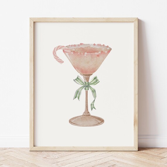 Peppermint Pink Martini Candy Cane Watercolor Holiday Bar Poster