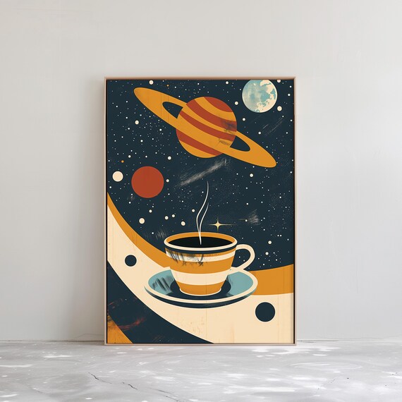 Cosmic Coffee Cup Beneath a Giant Ringed Planet Starry Sky Poster