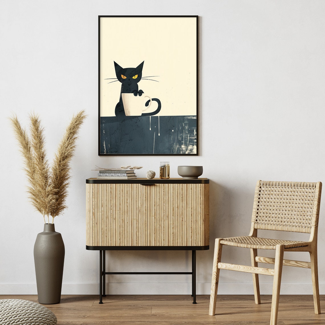 Black Cat With Coffee Cup Minimalist Cream Illustration Poster - Image 2