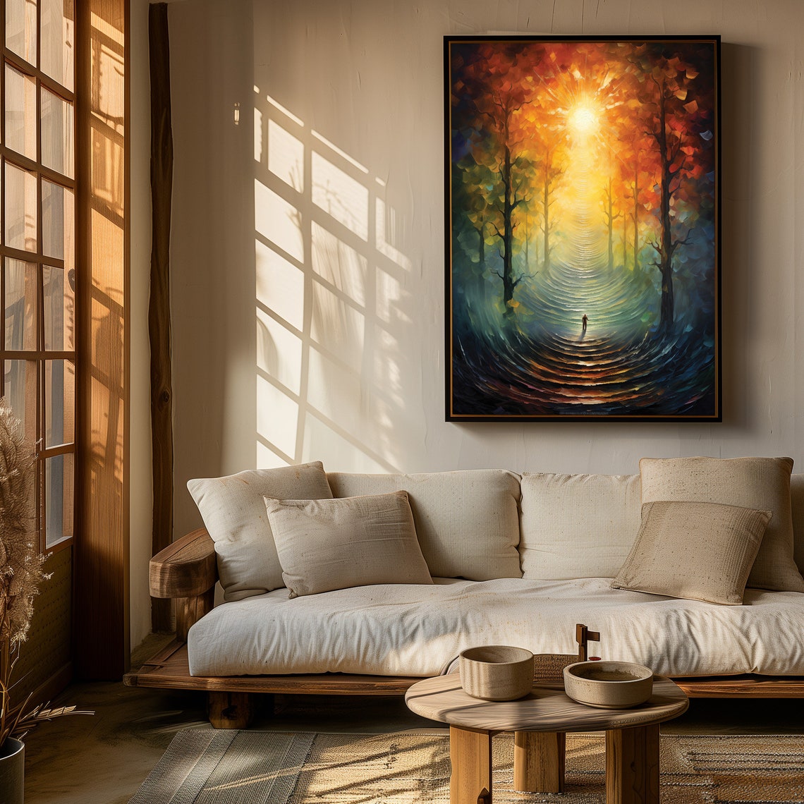 Mystical Forest Sunburst Path Lone Figure Oil Painting Poster - Image 2