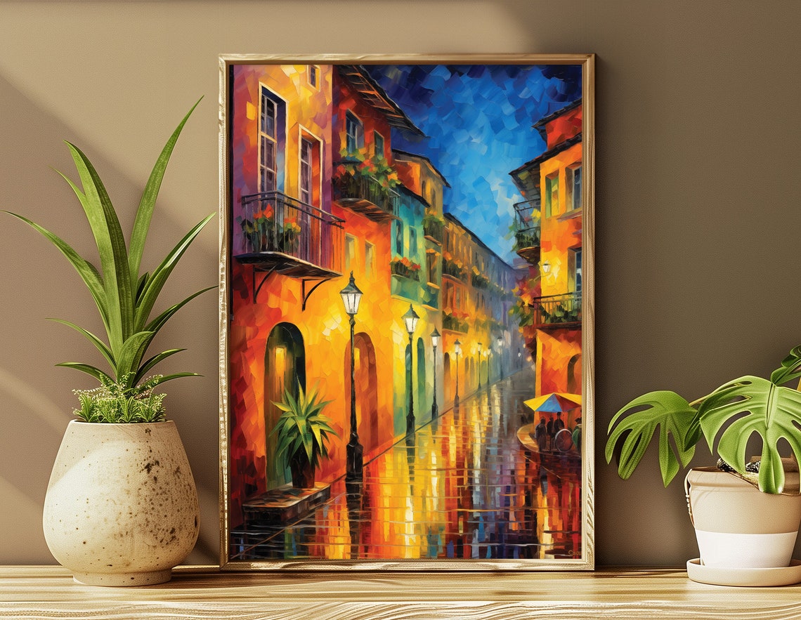 Old Town Night Rain Wet Cobblestone Street Warm Light Art Poster