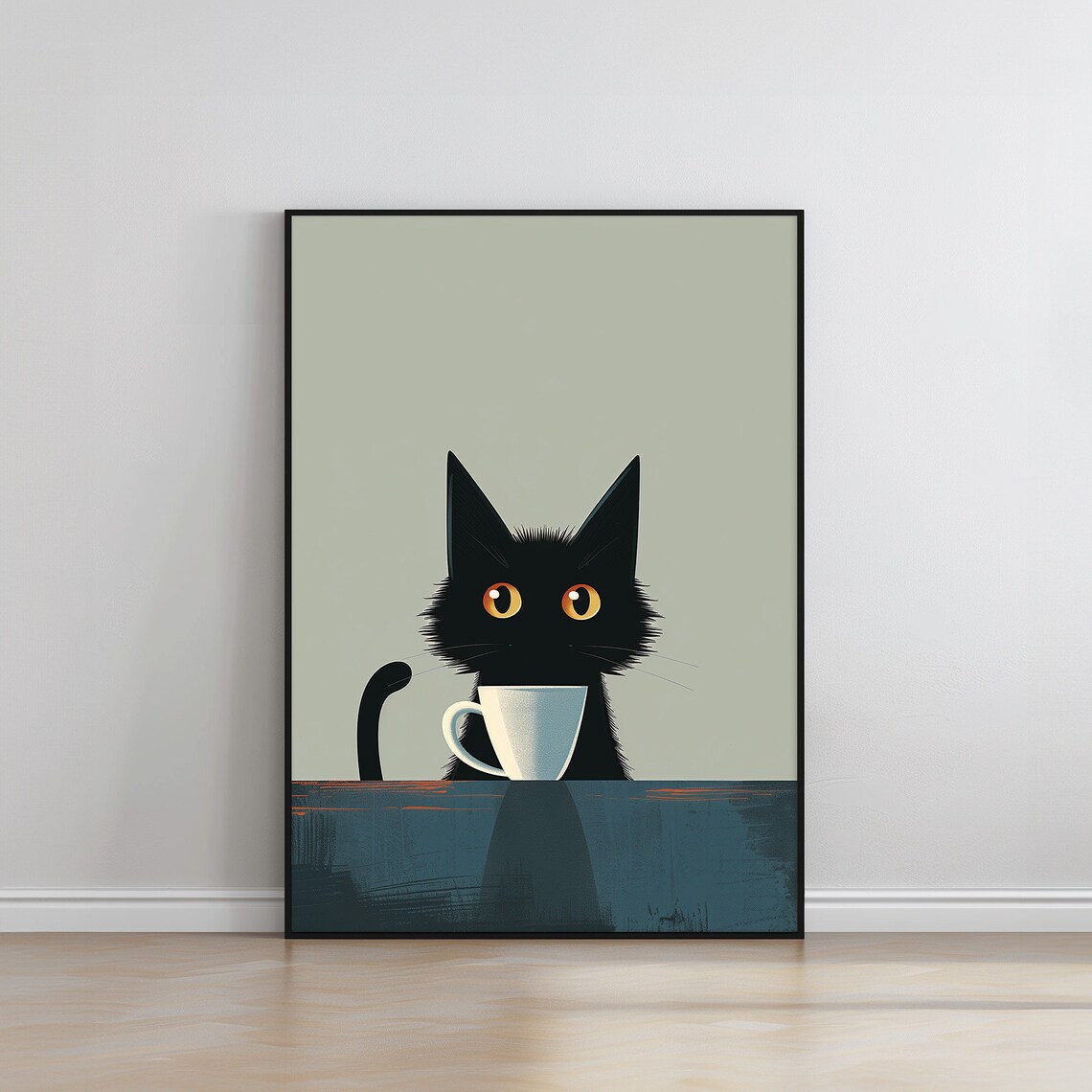 Black Cat Coffee Cup Minimalist Sage Funny Modern Cat Art Poster