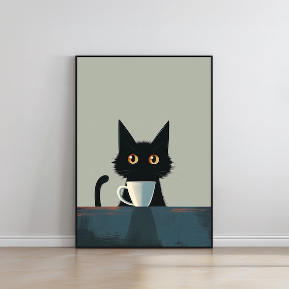 Black Cat Coffee Cup Minimalist Sage Funny Modern Cat Art Poster