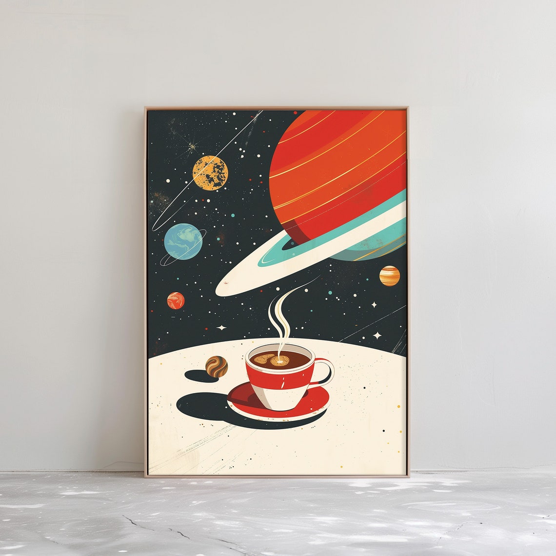 Cosmic Coffee Cup Among Saturn Planets Retro Space Kitchen Poster