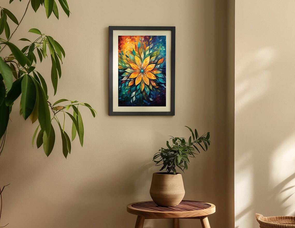 Golden Floral Mandala Abstract Oil Painting Vibrant Colorful Poster - Image 4